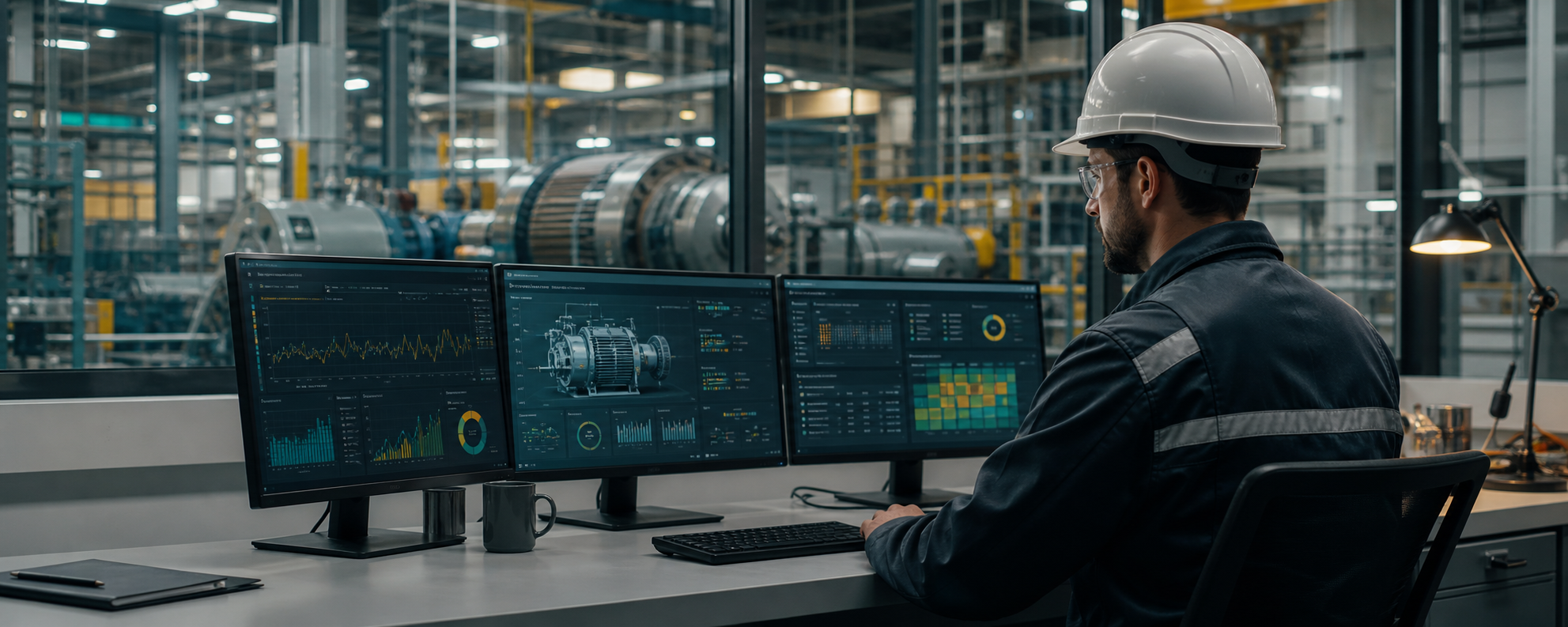 Industrial maintenance analytics hero image showing machinery, dashboards, and reliability engineering review