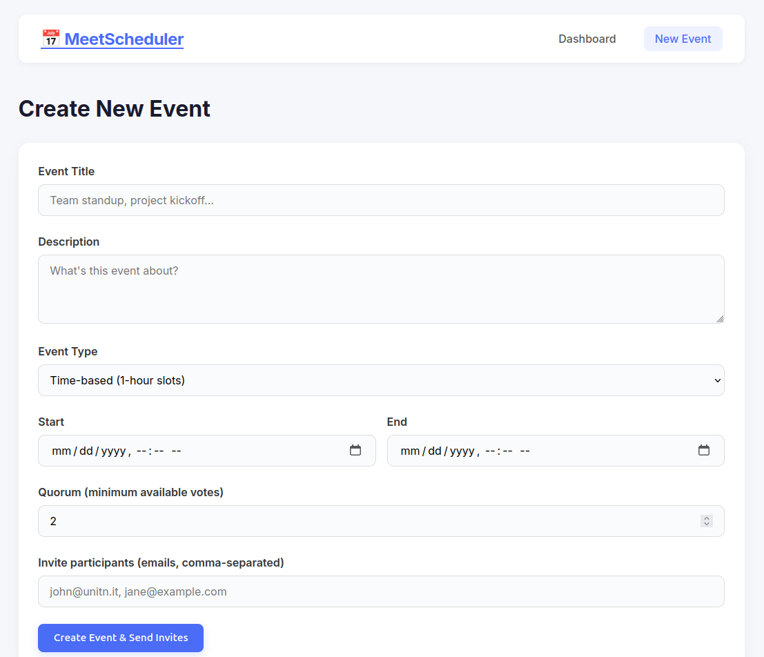 MeetScheduler create event screen